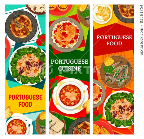 Portuguese cuisine meals, restaurant dishes banners. Octopus salad, custard tarts and grilled sardines, chicken with Piri Piri sauce, fried rabbit and cream from heaven dessert, salted cod vector Portuguese cuisine meals, restaurant dishes banners. Octopus salad, custard tarts and grilled sardines, chicken with Piri Piri sauce, fried rabbit and cream from heaven dessert, salted cod vector 83561754