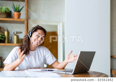 Middle ageda 40 years old woman during online video call. Working from home concept. 83561842