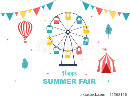 Summer Fair with Carnival, Circus, Funfair or Amusement Park. Landscape of Carousels, Roller Coaster, Air Balloon and Playground Vector Illustration Summer Fair with Carnival, Circus, Funfair or Amusement Park. Landscape of Carousels, Roller Coaster, Air Balloon and Playground Vector Illustration 83562156