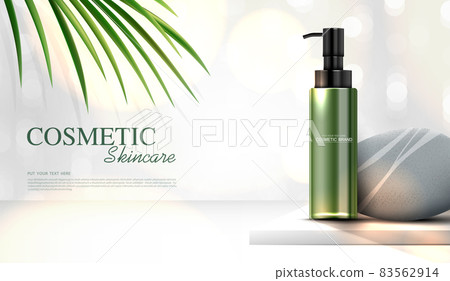 Refreshing green tea cosmetics or skin care product ads with bottle, banner ad for beauty products, stone and leaves on background glittering light effect. vector design 83562914
