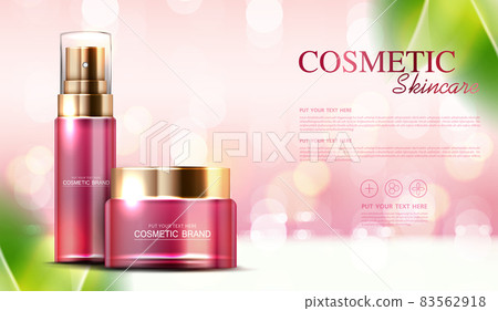 Cosmetic essence or skin care product ads with bottle, banner ad for beauty products and leaf background glittering light effect. vector design Cosmetic essence or skin care product ads with bottle, banner ad for beauty products and leaf background glittering light effect. vector design 83562918