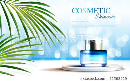 Cosmetics or skin care product ads with bottle, banner ad for beauty products and leaf background glittering light effect. vector design Cosmetics or skin care product ads with bottle, banner ad for beauty products and leaf background glittering light effect. vector design 83562929