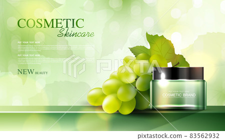 Grape seed cosmetics or skin care product ads with bottle, banner ad for beauty products, leaf and grape on background glittering light effect. vector design Grape seed cosmetics or skin care product ads with bottle, banner ad for beauty products, leaf and grape on background glittering light effect. vector design 83562932