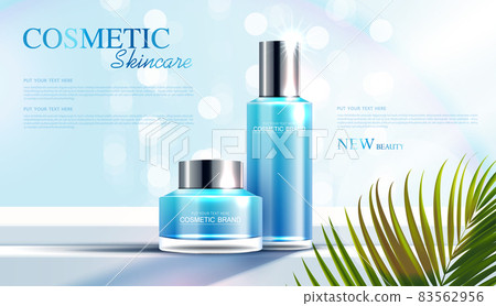 Cosmetics or skin care product ads with bottle, banner ad for beauty products and leaf background glittering light effect. vector design Cosmetics or skin care product ads with bottle, banner ad for beauty products and leaf background glittering light effect. vector design 83562956