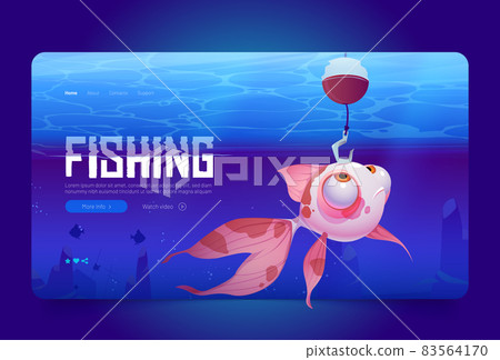 Fishing cartoon landing page, fish looking on hook Fishing cartoon landing page, fish looking on hook 83564170