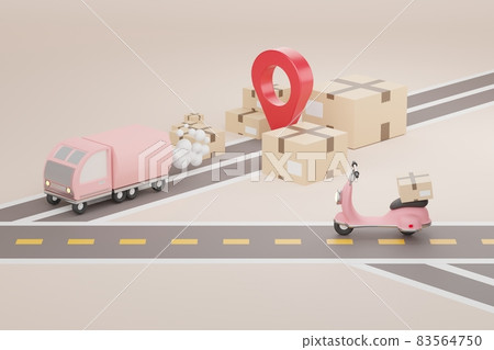 3d render of brown cardboard boxes parcel with truck, scooter and road. Shopping Online delivery concept. 83564750