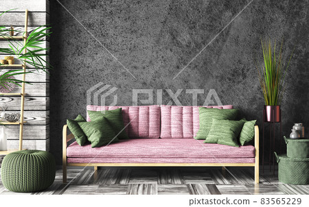 Interior with pink sofa and ladder shelf in modern living room with wooden panelling and black mockup wall, home design 3d rendering 83565229