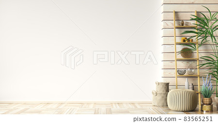 Interior with knitted ottoman and ladder shelf in modern living room with wooden panelling and empty mockup wall, home design 3d rendering Interior with knitted ottoman and ladder shelf in modern living room with wooden panelling and empty mockup wall, home design 3d rendering 83565251
