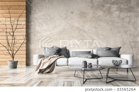 Interior design of modern minimalist apartment, living room with beige stucco wall. Home design with gray sofa. Wall mockup. 3d rendering 83565264
