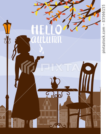 Hello Autumn, Silhouette elegant girl in hat, with cup of coffee, lettering, cafe table, tree, city houses. Vector illustration 83566155