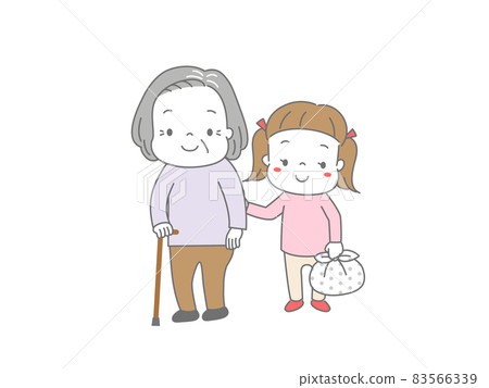 一個女孩幫她拎著奶奶的行李,拄著拐杖走路 一個女孩幫她拎著奶奶的行李,拄著拐杖走路 83566339