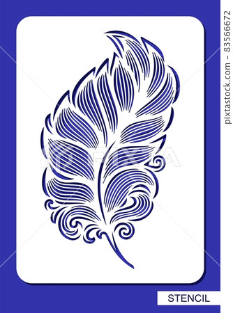 Stencil with decorative feather, leaf. Beautiful detailed fluffy quill. Rectangular vertical white panel, sample for laser cutting of paper, metal engraving, wood carving, cnc. Vector illustration. 83566672