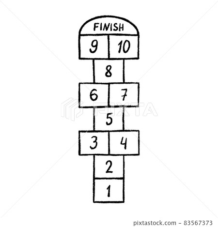Hopscotch kid activity game. Hopscotch with black numbers. Outdoor summer game. Hand drawn vector illustration isolated on white background 83567373
