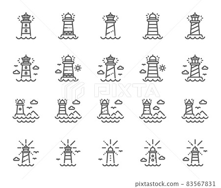 Lighthouse line icons. Searchlight tower with seagull for marine navigation of ships. Sea pharos, lighthouse or beacon icons. Ocean waves, nautical building, marine house. Vector 83567831