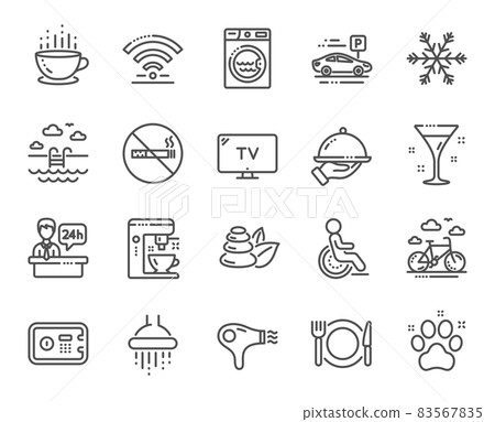 Hotel service line icons. Wi-Fi, Air conditioning and Coffee maker machine. Spa stones, swimming pool and bike rental icons. Hotel parking, safe and shower. Food, coffee cup. Vector 83567835