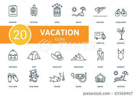 Vacation icon set. Collection of simple elements such as the passport, suitcase, hotel, cocktail, backpack, beach hat, beach. Vacation icon set. Collection of simple elements such as the passport, suitcase, hotel, cocktail, backpack, beach hat, beach. 83568407