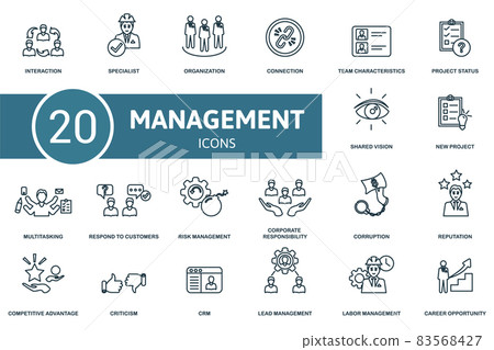 Management icon set. Collection of simple elements such as the interaction, specialist, organization, new project, multitasking, risk management, connection. 83568427