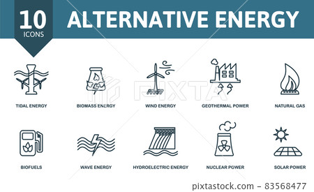 Alternative Energy icon set. Collection of simple elements such as the tidal energy, biomass energy, wind energy, geothermal power, nuclear power, wave energy, solar power. 83568477