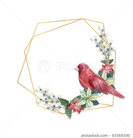 Golden geometric frame with winter d cor and red bird. Watercolor Christmas illustration Golden geometric frame with winter d cor and red bird. Watercolor Christmas illustration 83568500
