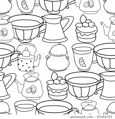 Seamless black and white pattern. Tea drinking illustration. 83568705