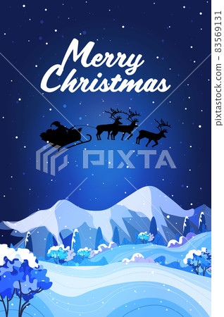 santa flying in sledge with reindeers in night sky happy new year merry christmas greeting card winter holidays concept santa flying in sledge with reindeers in night sky happy new year merry christmas greeting card winter holidays concept 83569131