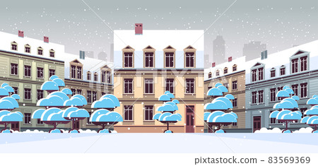 winter city street with modern houses exterior urban buildings facade horizontal cityscape background 83569369