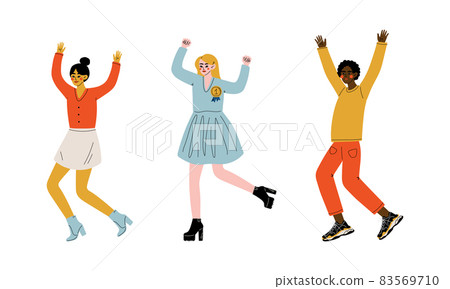Excited Flushed Man and Woman Jumping with Joy and Cheering About Something Vector Illustration Set Excited Flushed Man and Woman Jumping with Joy and Cheering About Something Vector Illustration Set 83569710