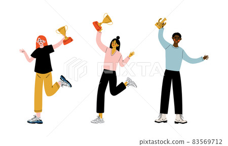 Excited Man and Woman Winner Holding Cup Award and Cheering Vector Illustration Set 83569712