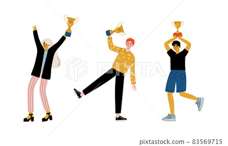 Excited Man and Woman Winner Holding Cup Award and Cheering Vector Illustration Set Excited Man and Woman Winner Holding Cup Award and Cheering Vector Illustration Set 83569715