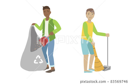 Young Man Volunteer Collecting Trash in Bags Cleaning Environment Vector Set Young Man Volunteer Collecting Trash in Bags Cleaning Environment Vector Set 83569746
