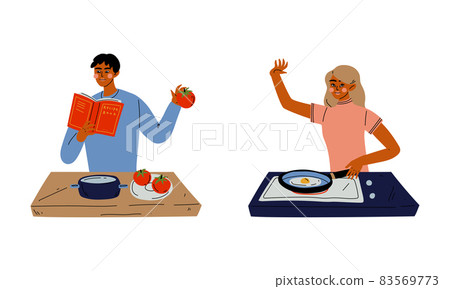 Young Man and Woman Cooking in the Kitchen Frying Eggs and Making Salad Vector Set 83569773