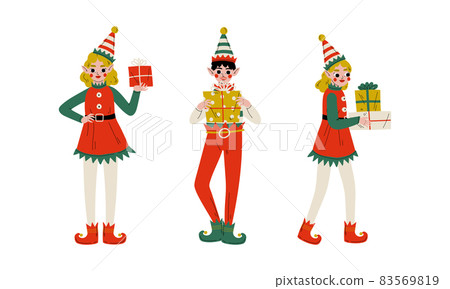 Christmas Elf with Pointy Ears and Hat as Santa Helper Holding Gift Box Vector Set Christmas Elf with Pointy Ears and Hat as Santa Helper Holding Gift Box Vector Set 83569819