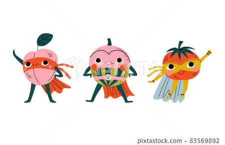 Fruit and Vegetable in Eye Mask and Superhero Cloak Vector Set Fruit and Vegetable in Eye Mask and Superhero Cloak Vector Set 83569892