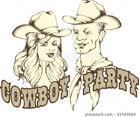 Handsome cowboy, nice girl and the lettering "Cowboy party" Handsome cowboy, nice girl and the lettering "Cowboy party" 83569984