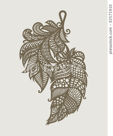 Pendant made of two decorative feathers. Hanging decoration, bijouterie in Indian style. Openwork ornament of curls, beautiful folk motifs, ethnic patterns. Vector template for plotter laser cutting. Pendant made of two decorative feathers. Hanging decoration, bijouterie in Indian style. Openwork ornament of curls, beautiful folk motifs, ethnic patterns. Vector template for plotter laser cutting. 83571910
