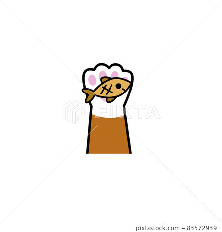 Cat paw hold fish. Proper nutrition and pet food. Kitten with toy. Outline cartoon illustration Cat paw hold fish. Proper nutrition and pet food. Kitten with toy. Outline cartoon illustration 83572939