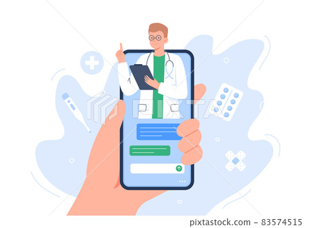 Smartphone screen with a therapist on chat. Online medical services, consultation and telemedicine concept. Vector flat illustration. Smartphone screen with a therapist on chat. Online medical services, consultation and telemedicine concept. Vector flat illustration. 83574515