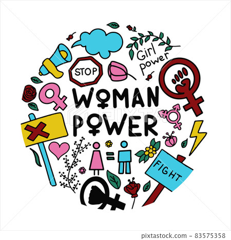 A set of doodle signs of feminism, women s rights. Grunge hand drawn vector icons of Feminism protest symbol isolated on transparency background. A rally to fight for voting rights 83575358