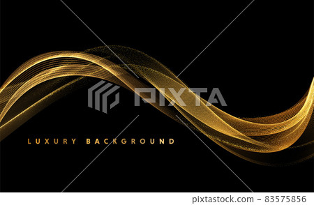 Abstract Gold Waves. Shiny golden moving lines design element with glitter effect on dark background for greeting card and disqount voucher. 83575856