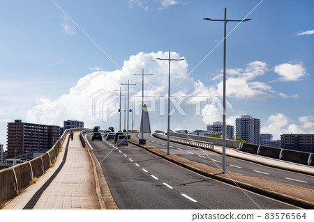 It is the scenery of the lane of Ujinao Bridge. You can see people and cars. It is a bridge that won the Japan Society of Civil Engineers. It is the scenery of the lane of Ujinao Bridge. You can see people and cars. It is a bridge that won the Japan Society of Civil Engineers. 83576564