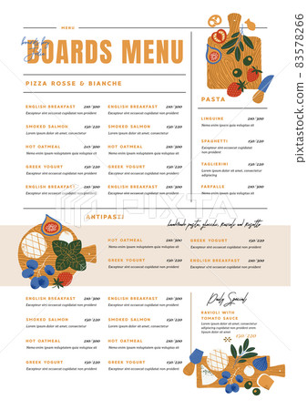 Charcuterie boards menu design template. Assortment of appetizers. Vertical cafe menu template. Charcuterie boards menu design template. Assortment of appetizers. Vertical cafe menu template. 83578266