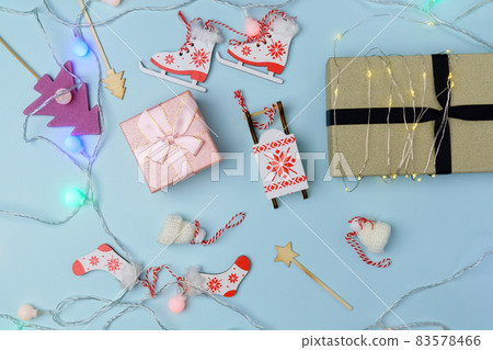 New Year or Christmas gift box holiday concept. Top view with empty space for text and design. 83578466