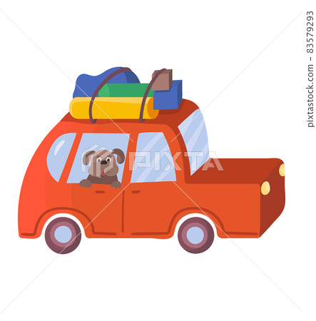 Outdoor tourist car with hiking travel stuff, dog watch window vehicle, family road travel cartoon vector illustration, isolated on white. Outdoor tourist car with hiking travel stuff, dog watch window vehicle, family road travel cartoon vector illustration, isolated on white. 83579293