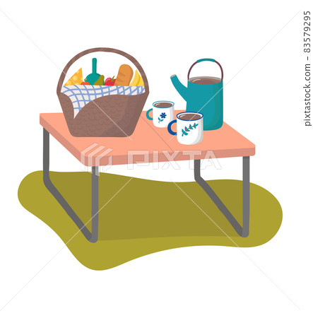 Romantic picnic foodstuff and outdoor tourist item, concept park hiking junket cartoon vector illustration, isolated on white. Romantic picnic foodstuff and outdoor tourist item, concept park hiking junket cartoon vector illustration, isolated on white. 83579295