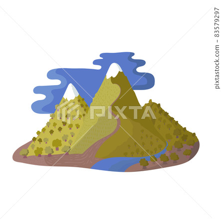 Outdoor tourist mountain range, tourist hiking concept pedestrian walk, natural landscape view flat cartoon vector illustration, isolated on white. Outdoor tourist mountain range, tourist hiking concept pedestrian walk, natural landscape view flat cartoon vector illustration, isolated on white. 83579297
