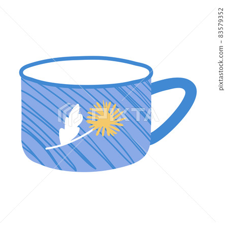 Concept tea, coffee cup icon, blue bowl with drawing branch flower flat vector illustration, isolated on white. Kitchen drink utensil metal mug. Concept tea, coffee cup icon, blue bowl with drawing branch flower flat vector illustration, isolated on white. Kitchen drink utensil metal mug. 83579352