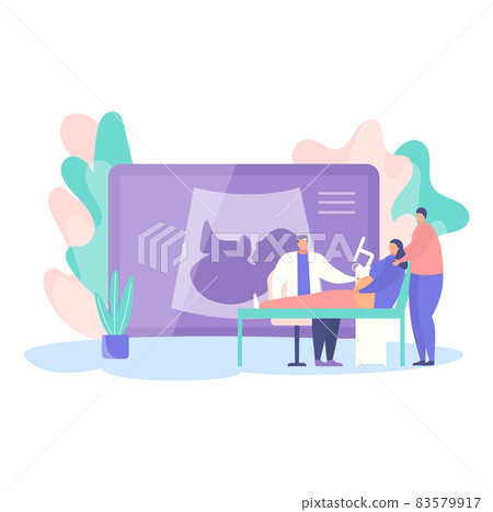 Medical ultrasound examination, pregnancy ultrasonic research, gestation woman lying couch cartoon vector illustration, isolated on white. 83579917