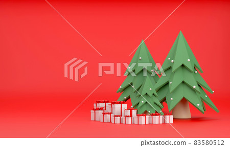 gift box, christmas tree At Christmas and New Year on red background gift box, christmas tree At Christmas and New Year on red background 83580512