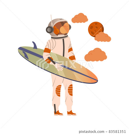 Spaceman or Astronaut Man Character in Space Suit on the Moon Standing with Surfboard Vector Illustration 83581351