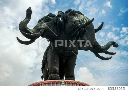 The Erawan museum or Giant Three heads elephant copper statue at Samut Prakarn Province Thailand 83582035